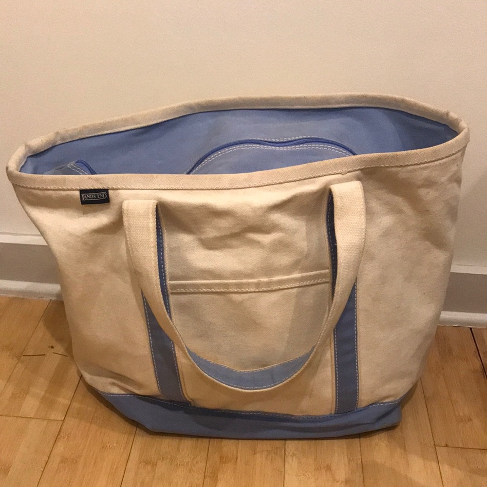 Extra Large Lands End Canvas Tote Bag with Light Blue Accents